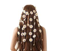 Flower Hippie Headband Floral Tassel Headband Summer Sunflower Crown Bead Adjustable Headdress Fabric Daisy Headpiece Flower Rope Head Accessories White