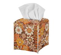 Flower Hippie Tissue Box Cover PU Leather Waterproof Orange Square Tissue Holder Elegant Modern Decorative Print Tissues Cube Organizer for Home Office Kitchen Room Decor
