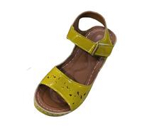 Flower Hollow Sandals for Women Summer Block Heel Open Toe Sliders Adjustable Ankle Strap Slingback Shoes Ladies Orthopedic Comfortable Leather Slippers Casual Footwear for Outdoor (Yellow, 5.5)