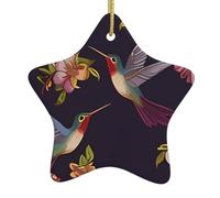 Flower Hummingbirds Embroidery Christmas Ceramic Star Ornament with Hanging Ribbon, Holiday Hanging Decoration for Tree & Home