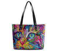 Flower Hummingbirds Embroidery Leather Tote Bag for Women Top Handle Purses Handbags Casual Work Tote Travel Shoulder Bag, A Psychedelic Cat, 29*34*14cm