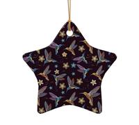 Flower Hummingbirds Embroidery Print Ceramic Star Heart Shaped Ornaments Christmas Tree Hanging Xmas Pendants Decor