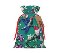 Flower Hummingbirds Embroidery print Christmas bag, drawstring sack - fit holiday present packaging for family and friends