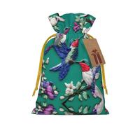 Flower Hummingbirds Embroidery print Christmas bag, drawstring sack - fit holiday present packaging for family and friends