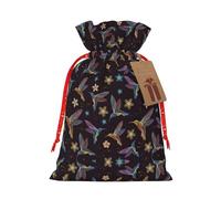 Flower Hummingbirds Embroidery print Christmas Packing Bag Linen Bags with Drawstring Funny Wedding Present Bag