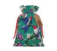 Flower Hummingbirds Embroidery Print Drawstring Christmas Gift Bag With Tags Reusable For Birthday Parties Gift Weddings Holiday