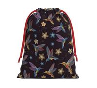 Flower Hummingbirds Embroidery Print Soft Flannel Drawstring Gift Bags Fleece Gift Pouches for Christmas Halloween Holiday Party