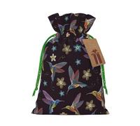(Flower Hummingbirds Embroidery) Printed Christmas S Size Gift Bags with Green Ribbon Drawstring Candy Bags for Kids Xmas Holiday Christmas Eve Presents