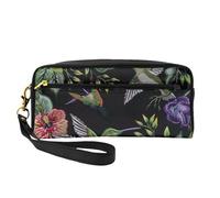 Flower Hummingbirds Embroidery Printed Leather Makeup Bags with Wrist Strap Portable Travel Toiletry Bag Cosmetic Organizer Bag for Women