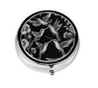 Flower Hummingbirds Embroidery Round Pill Box - Full Print Design, Metal Electroplated Compact Medicine Case for Travel, Fits Pockets & Wallets