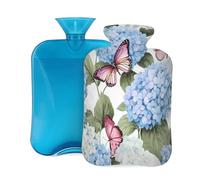 Flower Hydrangea Flowers Butterfly Hot Water Bottle with Cover, 2L PVC Hot Water Bag with Soft Cover, Reusable Heating Pad for Pain Relief Warm Hands Waist Abdomen Feet & Bed