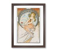 Flower In Hand By Alphonse Mucha Classic Painting Framed Print | A3 Walnut Framed Wall Art | Ready to Hang | Classic Floral Picture | Living Room Bedroom Lounge Office