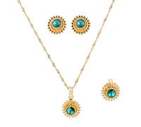Flower Jewelry Set Ethiopian Gold Jewelry Sets Earrings Pendant Ring with Stone African Habesha Nigeria Jewelry (Green)