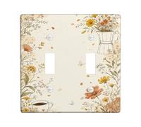 Flower Kitchen Double Light Switch Cover Plate, Vintage Rustic Butterfly Coffee Cup Spring Beige Plastic Standard Size Switch Plate Decorative for New Apartment Home Bedroom Office Decor