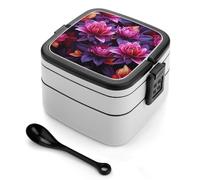 Flower Leaves Purple Red Flower Bento Box with Spoon & Handle - 2 Compartment Leak-Proof Stackable Lunch Box for Adults, BPA-Free Reusable Food Containers for Work, Travel, Picnic