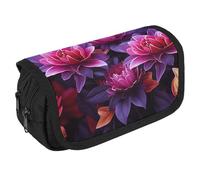 Flower Leaves Purple Red Flower Pencil Case Organizer - Large Capacity 3 Compartment Pencil Pouch for Adults, Portable Makeup Bag & Aesthetic Stationery Bag with Zipper (8.7x4.3") Unisex Gift
