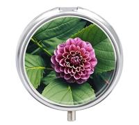 Flower Leaves Purple Red Flower Pill Box - 3 Compartment Travel Pill Organizer with Small Mirror, Portable Pillcase for Pocket & Purse, Cute Round Medicine Case, Weekly Medicine Container