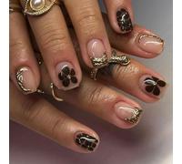 Flower Leopard Print Press on Nails Short,French Square False Nails with 3D Irregular Lines Design,24PCS Floral Unique Fake Nails,Reusable Artificial Acrylic Nails for Women