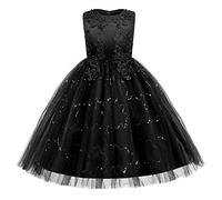 Flower Little Big Girl Lace Embroidery Tulle Sequins Dress Princess Pageant Birthday Party First Communion Wedding Bridesmaid Formal Floor Long Dance Evening Maxi Gown Black 4-5 Years