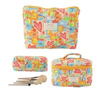 Flower Makeup Bag - 3 Pieces Cotton Makeup Bag - Quilted Pouch for Travel Cosmetics, Aesthetic Toiletries for Women and Girls, Multifunction Storage, Love the Large Handbag + Medium + Small