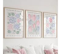 Flower Market Botanical Wall Art Prints, Set of 3, Hydrangea Crocus Dianthus, Pink and Blue, Unframed (A3-29.7 x 42.0 cm)