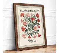 Flower Market Milan Botanical Framed Wall Art Print A4 (29.7×21cm) Walnut, Wall Decor for Living Room, Bedroom, Office & Home, Ready to Hang, Art Gift