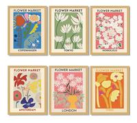 Flower Market Poster Set Of 6,Flower Market Wall Art London Tokyo Copenhagen Flowers Canvas Wall Art Painting Prints for Living Room Bathroom Decor Polystyrene Frame