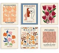 Flower Market Posters Set of 6, Abstract Flower Market Wall Art Prints Exhibition Poster Set, Vintage Matisse Print Picasso Print William Morris Painting Pictures, Boho Room Decor（8x10inch, Unframed)