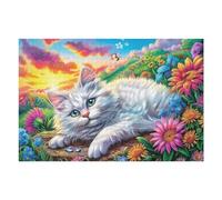 Flower Meadow White Cat 1000 Pc Classic Jigsaw Puzzle Cute Pets Warm The Heart Puzzle for Adults Hard Challenging Hobby Home Decor Poster Sturdy Creativity & Gift Giving 1000 PCS