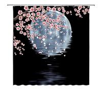 Flower Moon Shower Curtain Full Moon Black and White Moon Night Pink Cherry Blossom Fantasy Blooming Petals Falling Mysterious Sea View Bath Decor Polyester with Hook