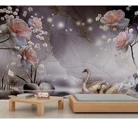 Flower Mural Cherry Blossom Wallpaper Rose Wall Mural Wallpaper Golden Lines Abstract Marble Wall Paper for Girls Bedroom Murals Living Room Sofa Large Tv Background Paintings Poster 300X240cm