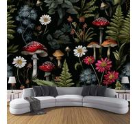 Flower Mushrooms Wall Mural Photo Wallpaper, Fern Leaves Wall Mural, Black Murals Walls Art Print for Children's Room Bedroom Living Room Home Decor 200×150 Cm (Wxh)