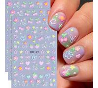 Flower Nail Art Stickers 5D Embossed Flowers Nail Decals 3PCS Cute Cherry Strawberry Heart Star Self-Adhesive Design Flower Stickers for Nails Colorful Bow Butterfly Kawaii Manicure Sliders for
