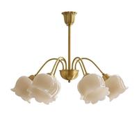 Flower New Creative Decoration Chandelier for Girl Bedroom Antique Copper Milky White Ceiling Chandelier Light Fixture Nordic Petals Vintage Gold Pendant Lamp for Entry Foyer Living Room(6 light)