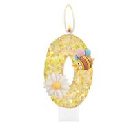 Flower Number 0 Candles with Bee for Cake, Flower Birthday Candles, Girls Boys Birthday Decor, Yellow Glitter Birthday Candles, Honeybee Cake Candles Toppers for Girls Baby Birthday Party Decorations