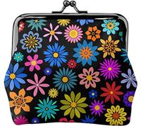 Flower On Black Background Women's Leather Coin Purse, Small Change Pouch with Kiss-Lock Clasp Closure Buckle Wallet for Girl Gift