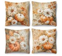Flower Orange Pumpkin Cushion Covers 65x65cm Set of 4 Decorative Throw Pillow Covers 26x26inch Soft Velvet Square Cushion Cases for Home Living Room Sofa Couch Bed Pillowcases