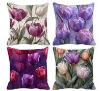 Flower Outdoor Cushions Purple Cushion Covers Set of 4, Waterproof Linen Decorative Pillows with Invisible Zipper Sofa Pillows for Outdoor Patio Garden Farmhouse Decor Spring 80cm x 80cm -lsy2504KU