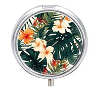Flower Palm Leaves Pill Box 3 Compartment Travel Pill Organizer 3 Times A Day Cute Mini Pill Case for Purse & Pocket Portable Metal Medicine Box with Mirror Round Daily Medicine Vitamin Container