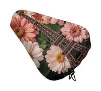 Flower Paris Eiffel Tower Padded Bike Seat Cushion with Drawstring Soft Comfort Waterproof Bicycle Seat Cover, Wide Saddle Protection Covers Protector for Men Women for Exercise Mountain Road Bikes