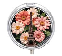 Flower Paris Eiffel Tower Pill Box 3 Compartment Waterproof Pill Case with Mirror Portable for Purse Pocket Daily Medicine Vitamin Organizer Travel Med Container Holder for Fish Oil Supplements