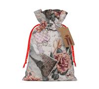 (Flower Paris Eiffel Tower) Print Christmas New Year Candy Gift Bag, Red Xmas Ribbon Drawstring Bags for Kids Xmas Holiday Eve Presents S Size