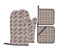 Flower Paris Eiffel Tower Print Stylish Heat-Resistant Oven 4-Piece Set Kitchen Gloves Roasting Daily Cooking