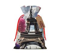 Flower Paris Eiffel Towers Print Birthday Gifts Wrap Bag Unique Drawstring Gifts Bag Canvas Bags for Party Wedding Present,1 Piece S