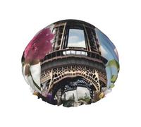 Flower Paris Eiffel Towers Print Shower Cap Reusable Bath Cap Double Layer Bath Hair Caps, Keeps Hair Dry, Fits All Head