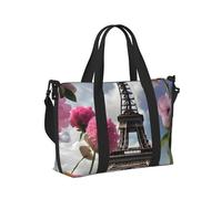 Flower Paris Eiffel Towers Print Travel Hand Bag Portable Foldable Shoulder Tote Bags for Weekend Trip Gym Vacation