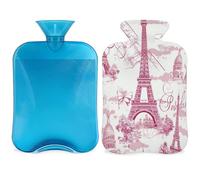 Flower Paris Hot Water Bottle with Cover, Paris Eiffel Tower Butterfly 2L Hot Water Bag for Pain Relief, Neck Soft and Shoulder, Hand Feet Warmer, Hot and Cold Compress for Adult Kids