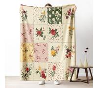 Flower Patchwork Fleece Throw Blanket, Vintage Floral Couch Blanket 50"x60" Soft, Farmhouse Rustic Blankets for Bed Warm Lightweight Cozy Bedding Blanket for Winter Fall Spring Summer