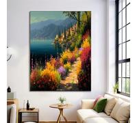 Flower Path Pictures For Living Room | 50X70Cm Prints For Walls | Canvas Wall Art For Hallway Stairs | Room Decor | Unframed Posters | Turquoise Artwork (Greek-Style Town)