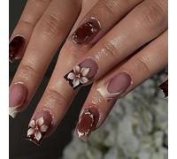 Flower Pattern French False Nails 3D Floral Embossed Design Quick Application for Teachers Salespersons Formal Attire Print Acrylic Nails